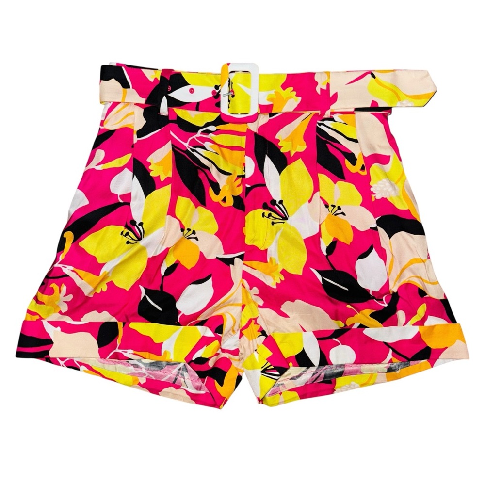 TED BAKER Pink Yellow Hawaiian Hibiscus Flowers Tropical Print Belted Shorts US6
